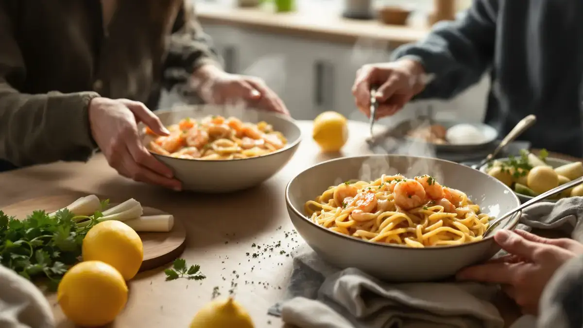 לינגוויני עם כרישה מתכון טעים ברוטב שמנת עם שרימפס רכים