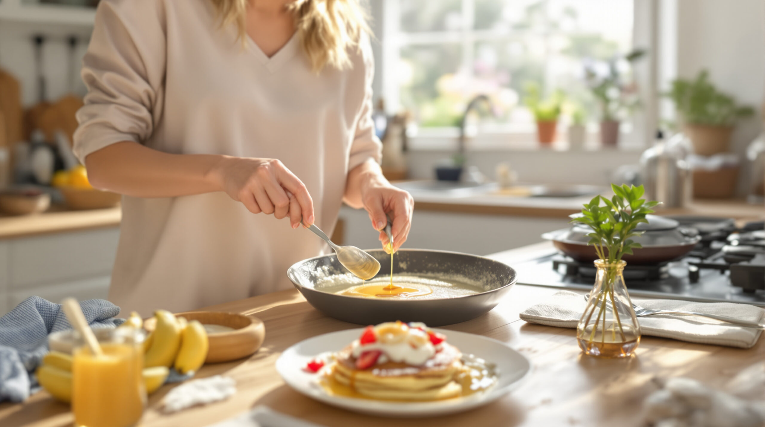 מתכון לפנקייקס בננה ויוגורט יווני מוכן ב-15 דקות לארוחת בוקר בריאה ומפנקת בפחות מ-2 אירו לאדם