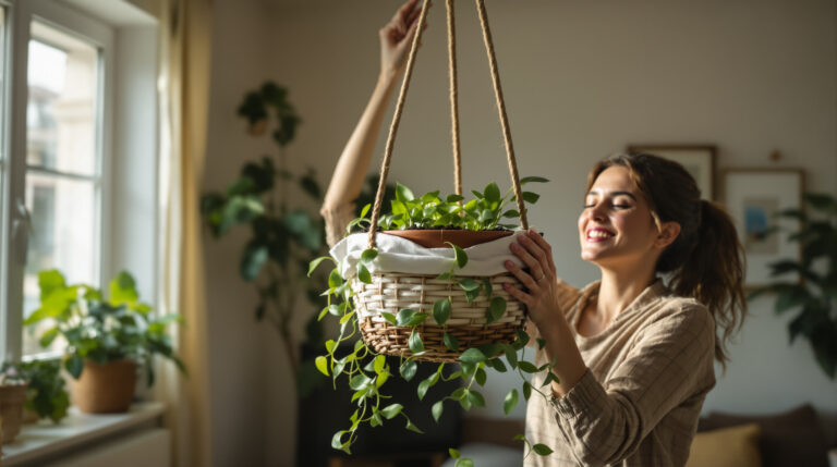 הסל הישן שמצאתי בארון הפך לפינת הצמחים התלויים הכי מקסימה שיכולתי לדמיין