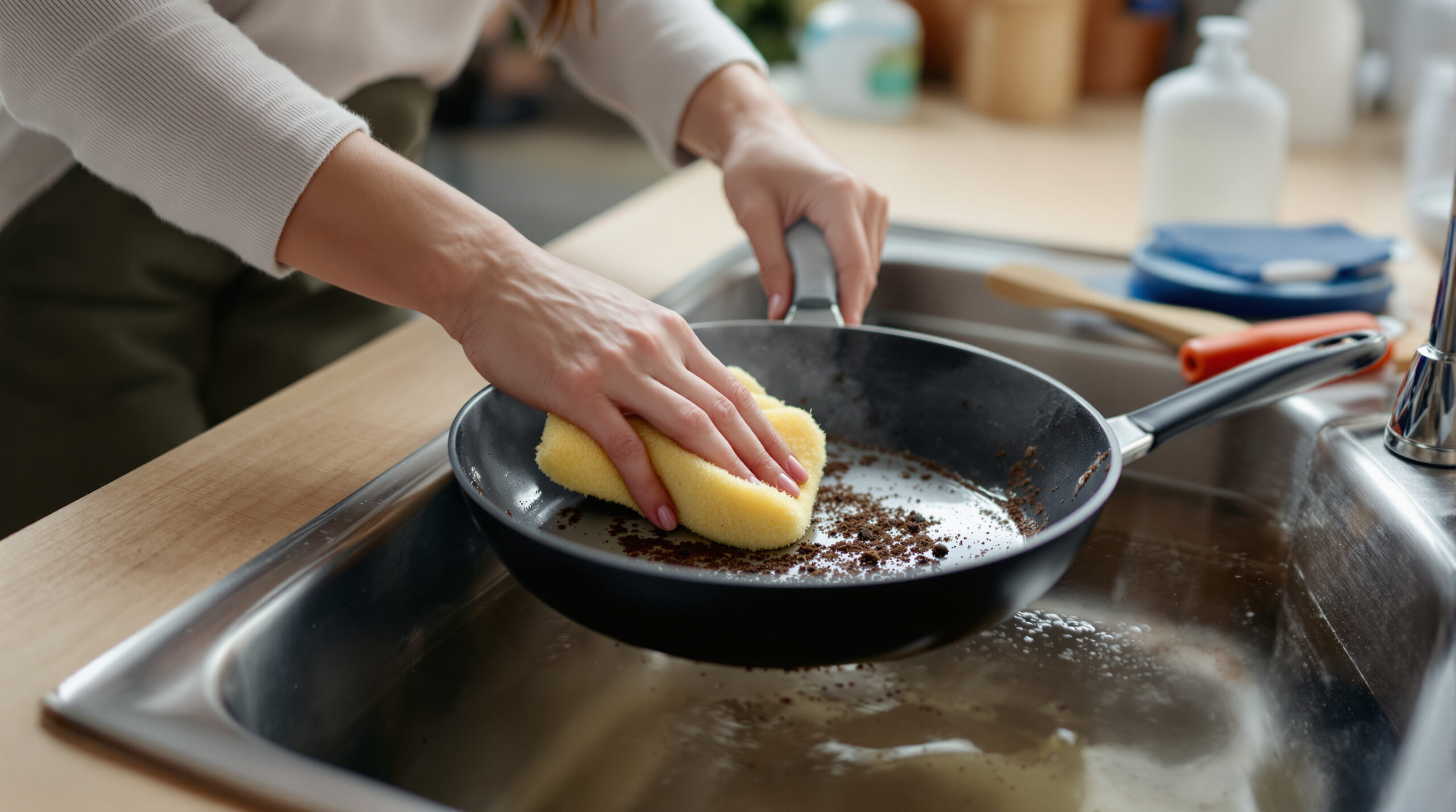 חשבתי שאני צריכה נוזל כלים": התערובת המהירה הזו חשפה לי ניקוי יעיל שלא פוגע במחבתות שלי