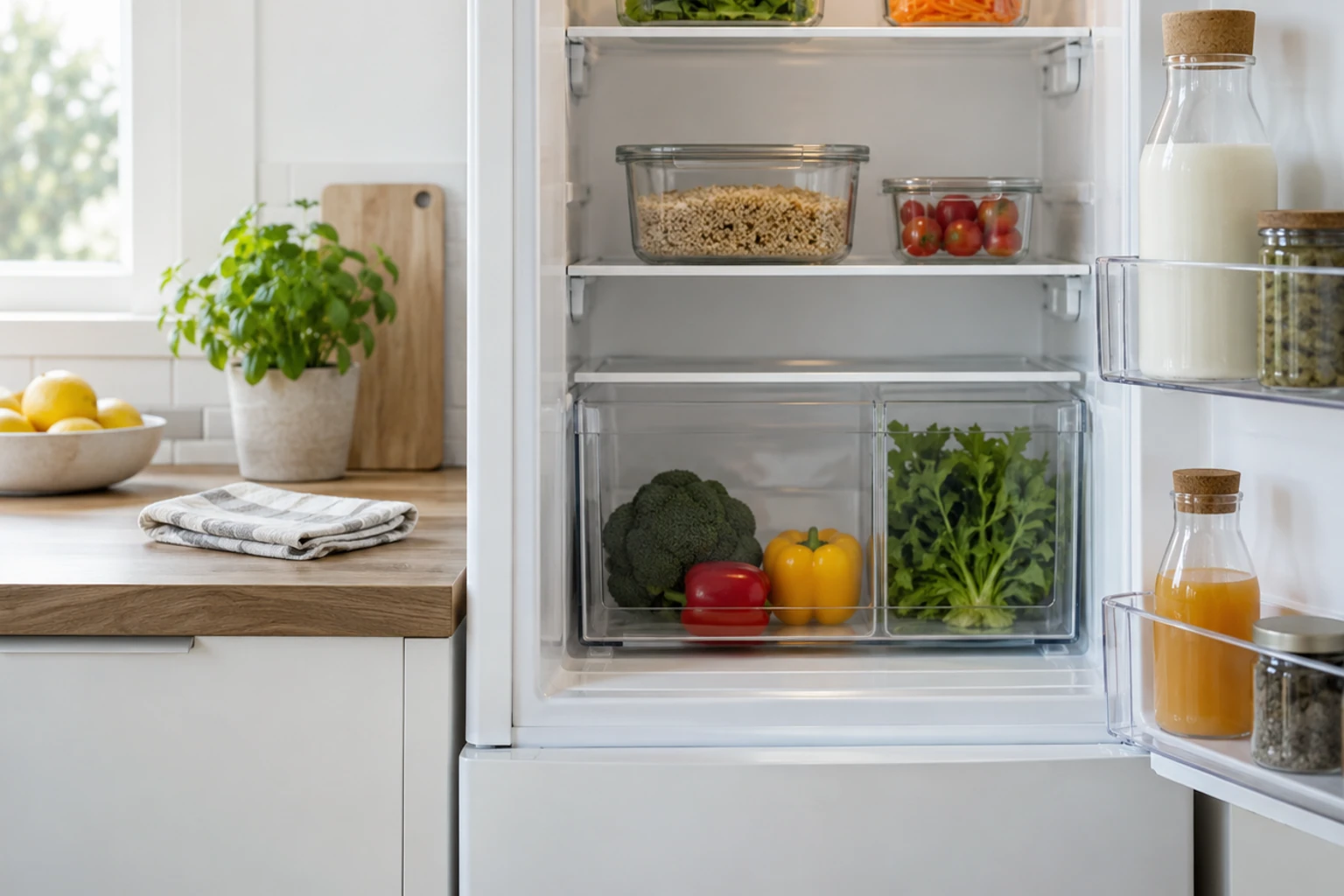 Open refrigerator with organized glass containers, vegetables, milk and juice bottles
