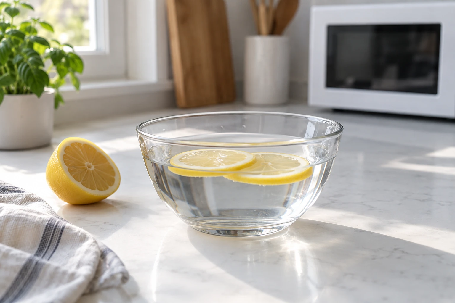 Glass bowl with lemon slices floating in water on a sunny kitchen counter
