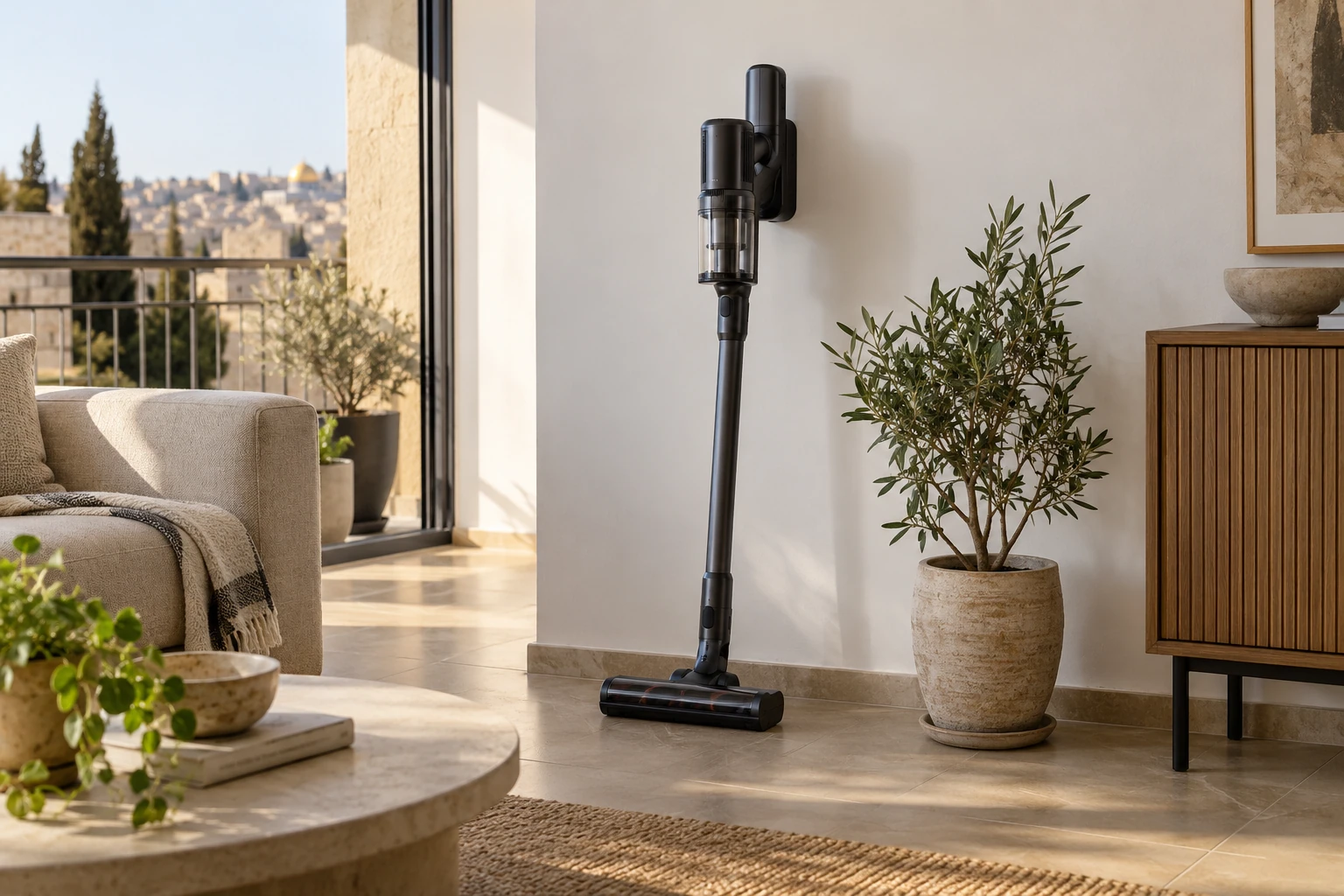 Cordless stick vacuum mounted on wall beside potted plant in sunlit living room